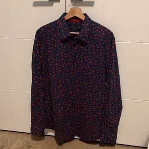 Perry Ellis Dark Blue and Red Casual Shirt Mens Large
